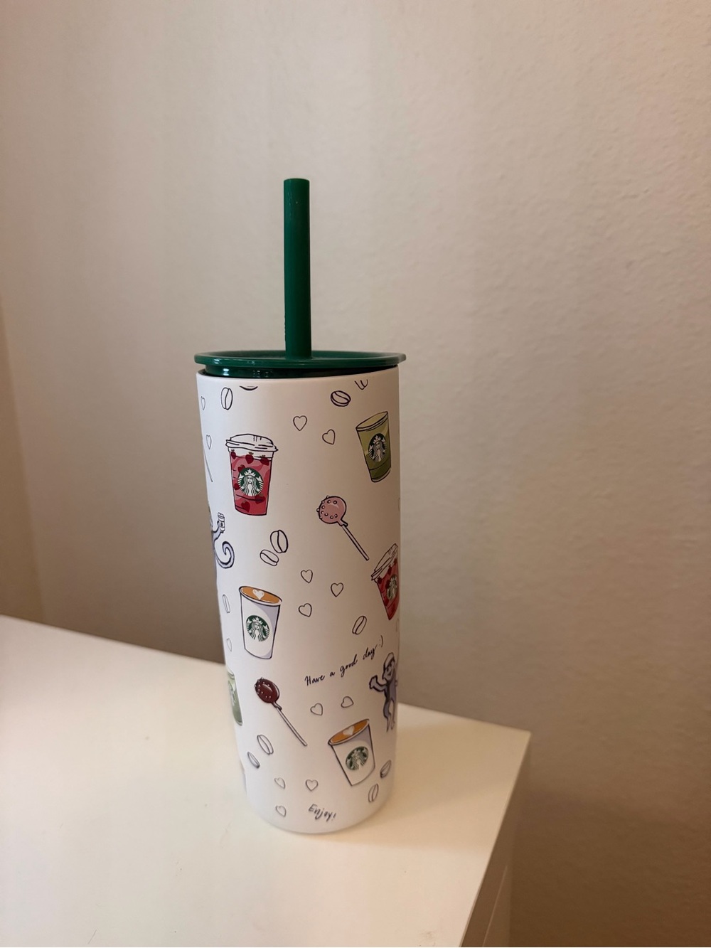 Starbucks Roller Rabbit Collab White Tumbler with Green Lid & Straw